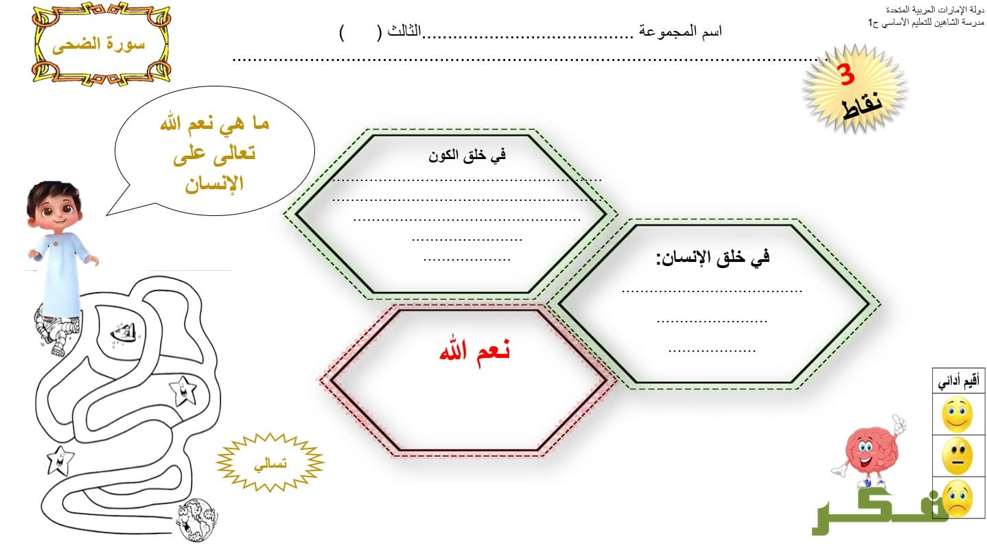 أوراق عمل سورة الضحى التربية الإسلامية الصف الثالث - بوربوينت 