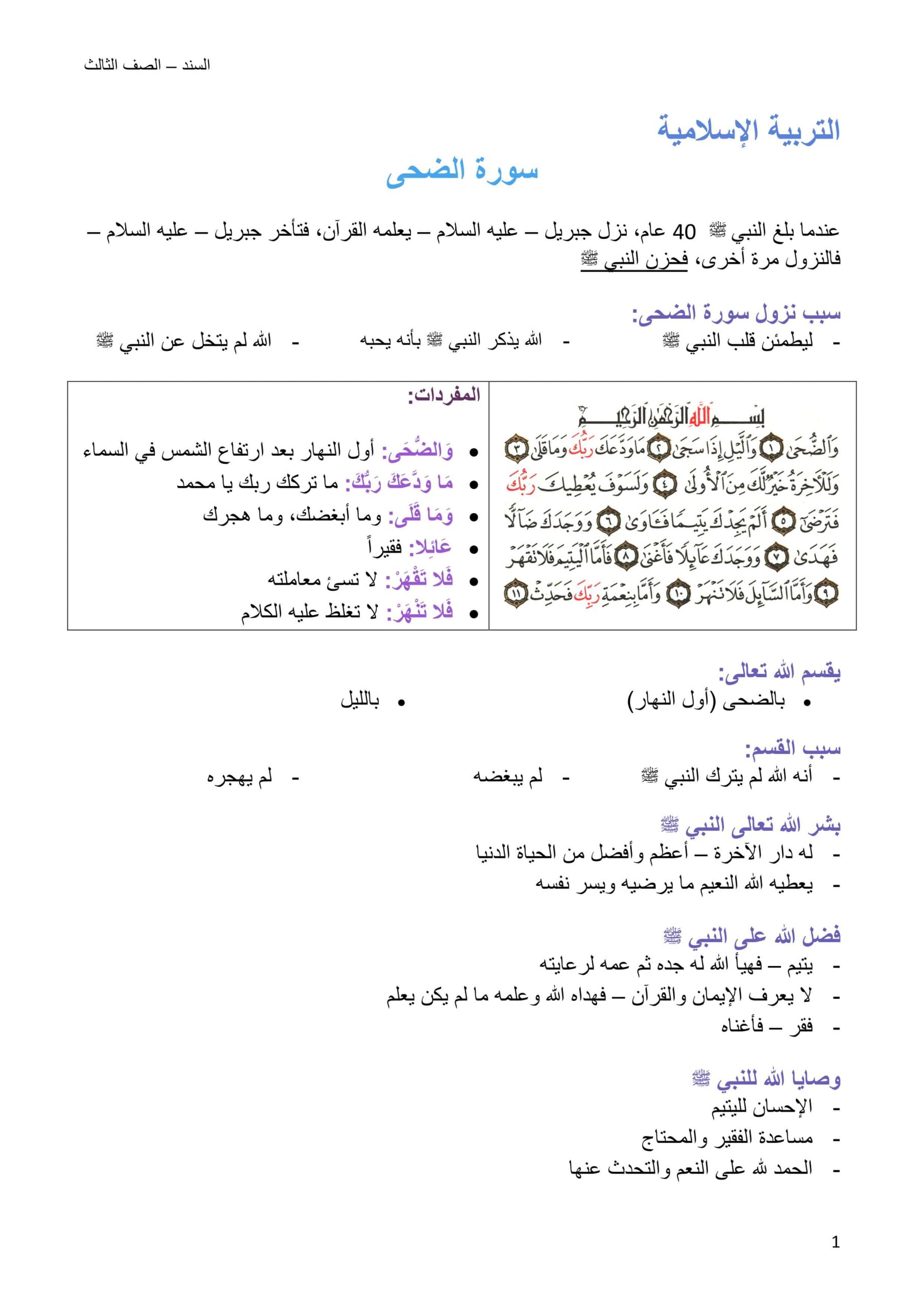ملخص وأوراق عمل درس سورة الضحى التربية الإسلامية الصف الثالث