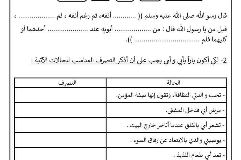 أوراق عمل درس بر الوالدين التربية الإسلامية الصف الثالث