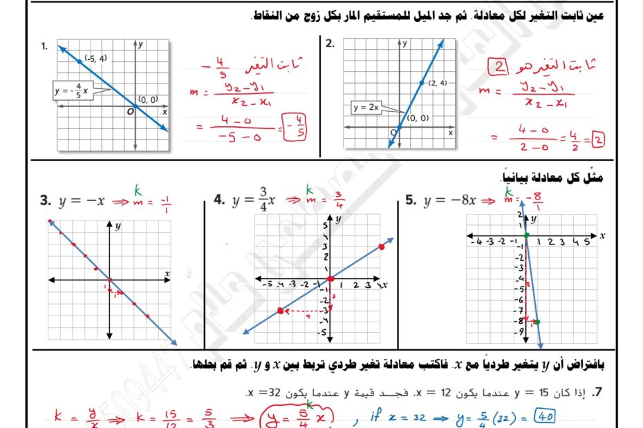 حل ورقة عمل درس التغير الطردي الرياضيات المتكاملة الصف التاسع