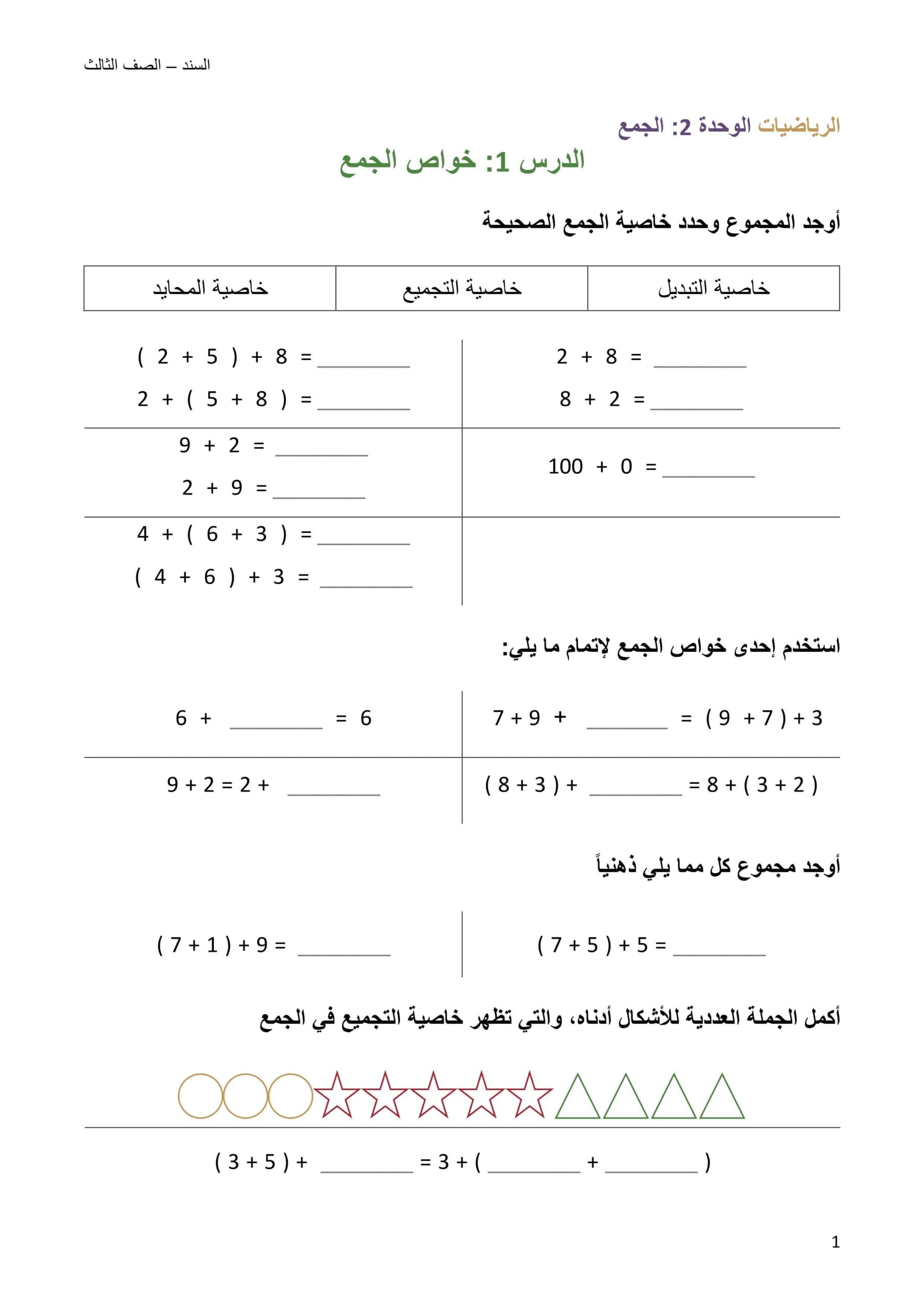 أوراق عمل الوحدة الثانية الجمع الرياضيات المتكاملة الصف الثالث 