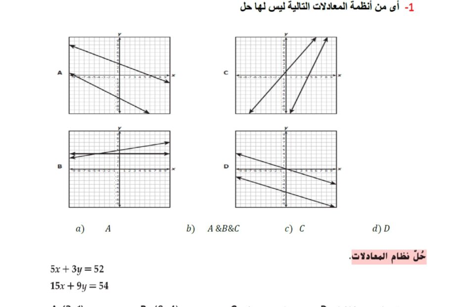 ورقة عمل حل أنظمة المعادلات الرياضيات المتكاملة الصف العاشر متقدم