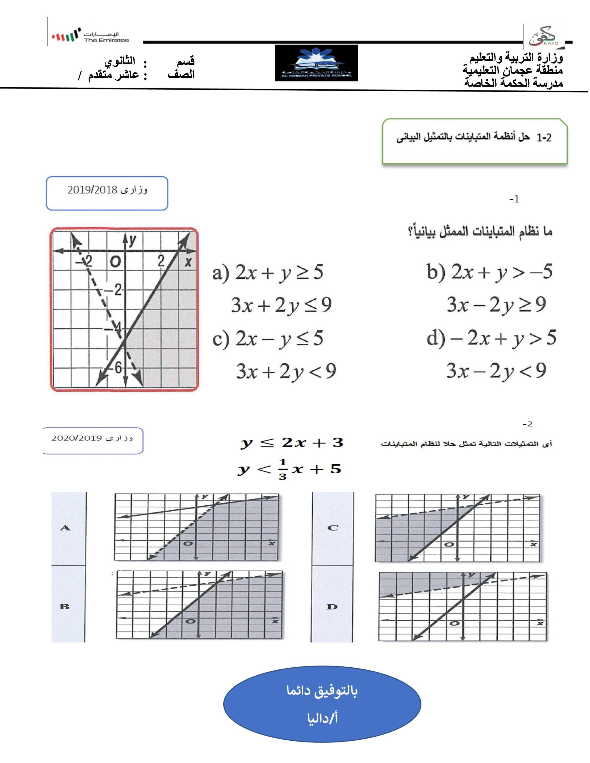 ورقة عمل حل أنظمة المتباينات بالتمثيل البياني الرياضيات المتكاملة الصف العاشر متقدم