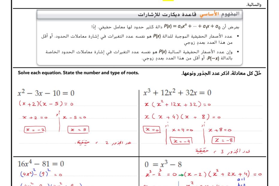 حل ورقة عمل الجذور والأصفار الرياضيات المتكاملة الصف الحادي عشر