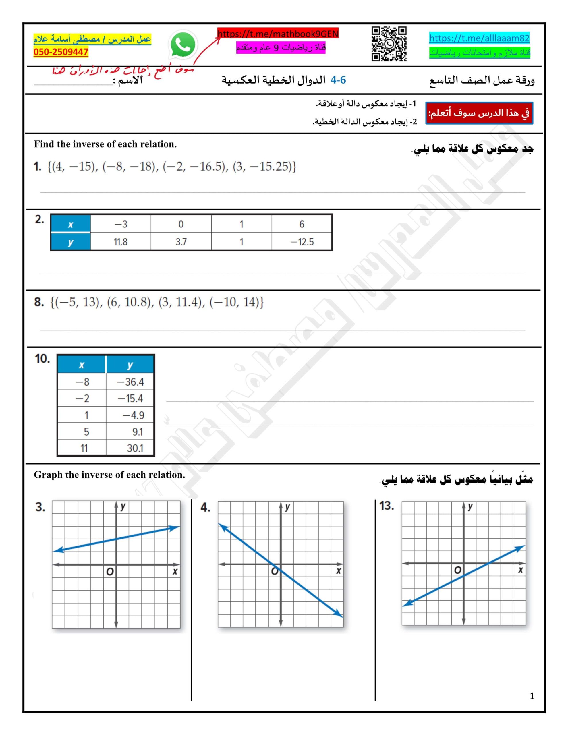 ورقة عمل درس الدوال الخطية العكسية الرياضيات المتكاملة الصف التاسع