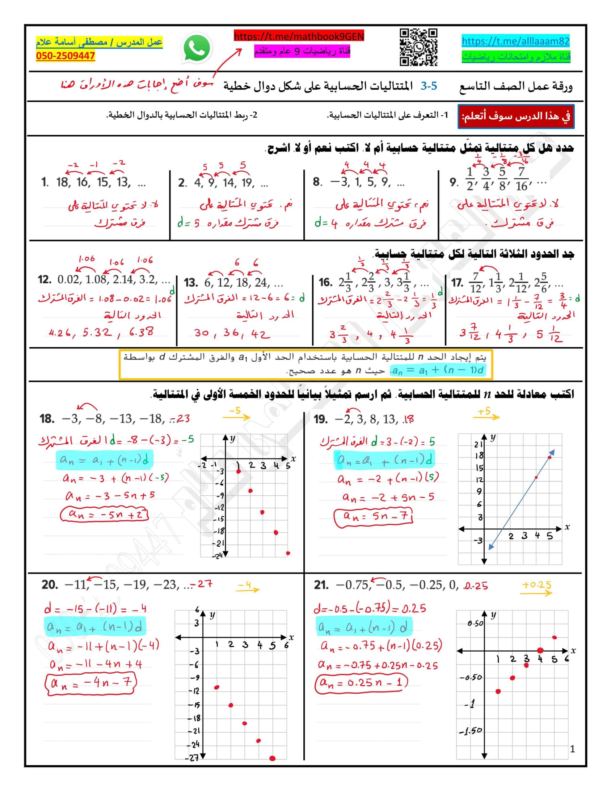 حل ورقة عمل درس المتتاليات الحسابية على شكل دوال خطية الرياضيات المتكاملة الصف التاسع