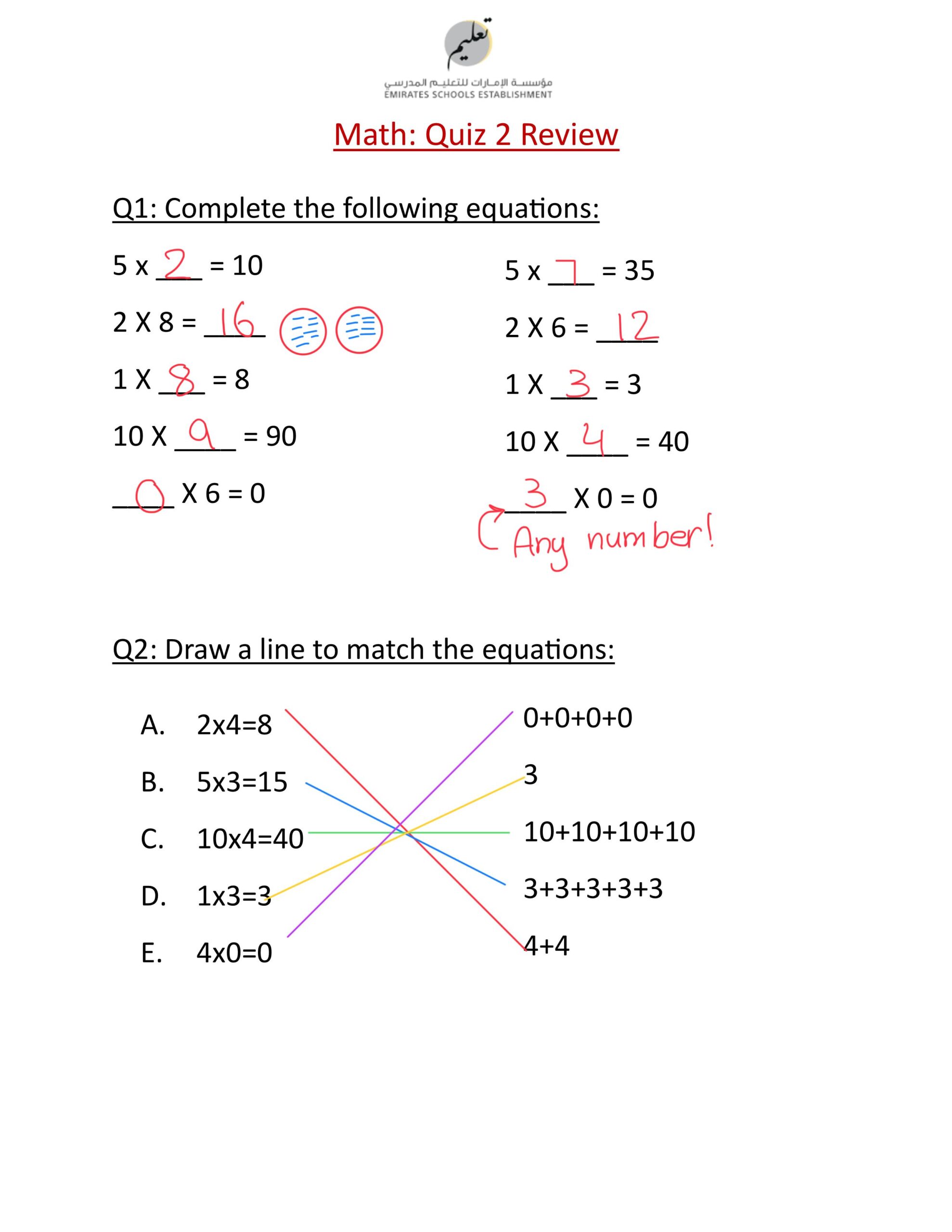 حل ورقة عمل Quiz 2 Review الرياضيات المتكاملة الصف الثالث