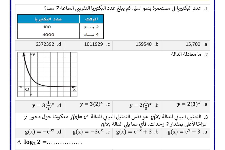 أوراق عمل درس الدوال الرياضيات المتكاملة الصف الحادي عشر