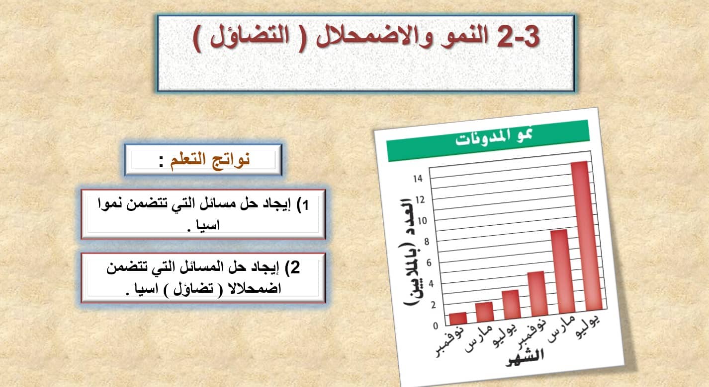 حل درس النمو والاضمحلال التضاؤل الرياضيات المتكاملة الصف العاشر - بوربوينت 