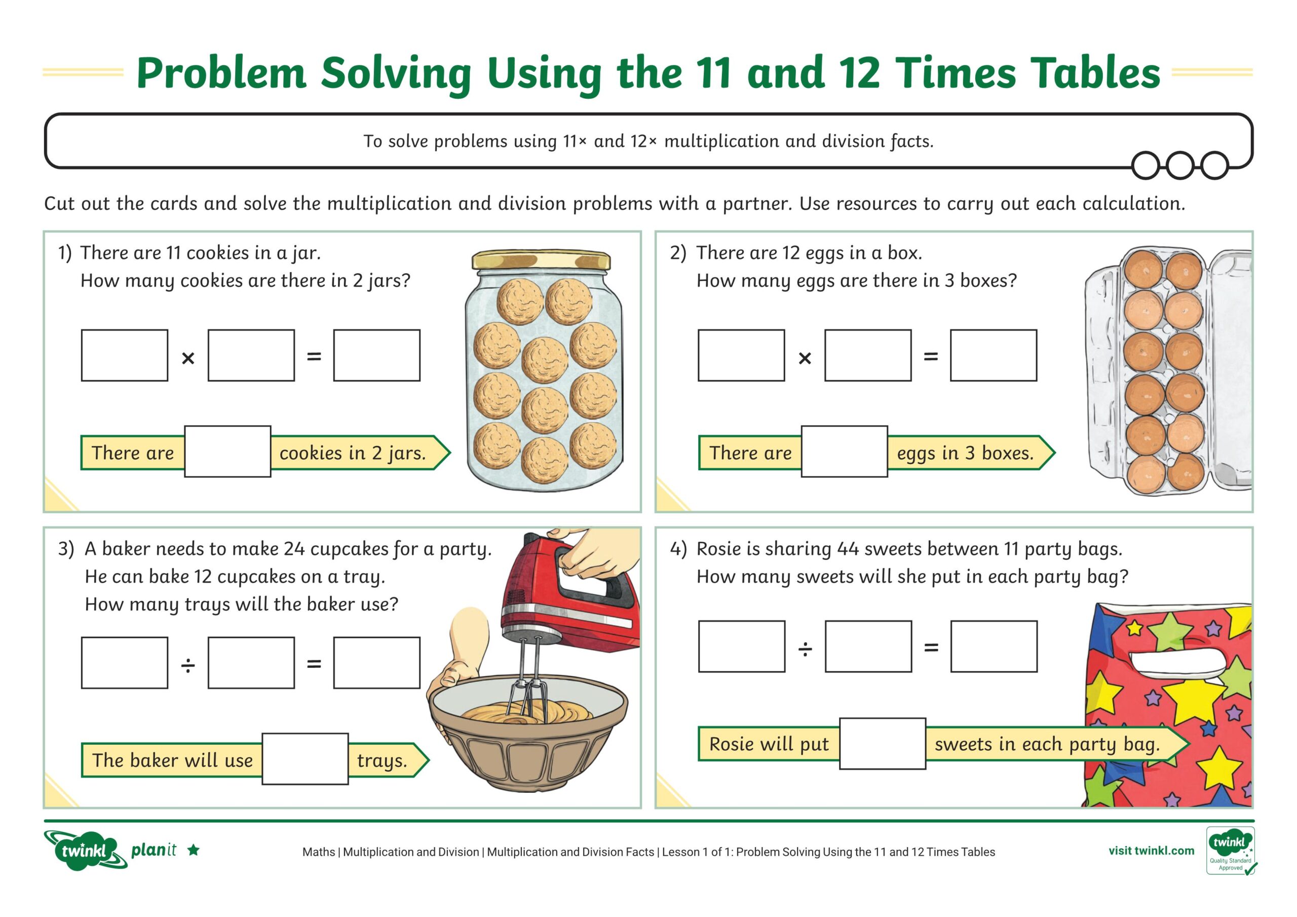 ورقة عمل Problem Solving Using the 11 and 12 Times Tables الرياضيات المتكاملة الصف الثالث