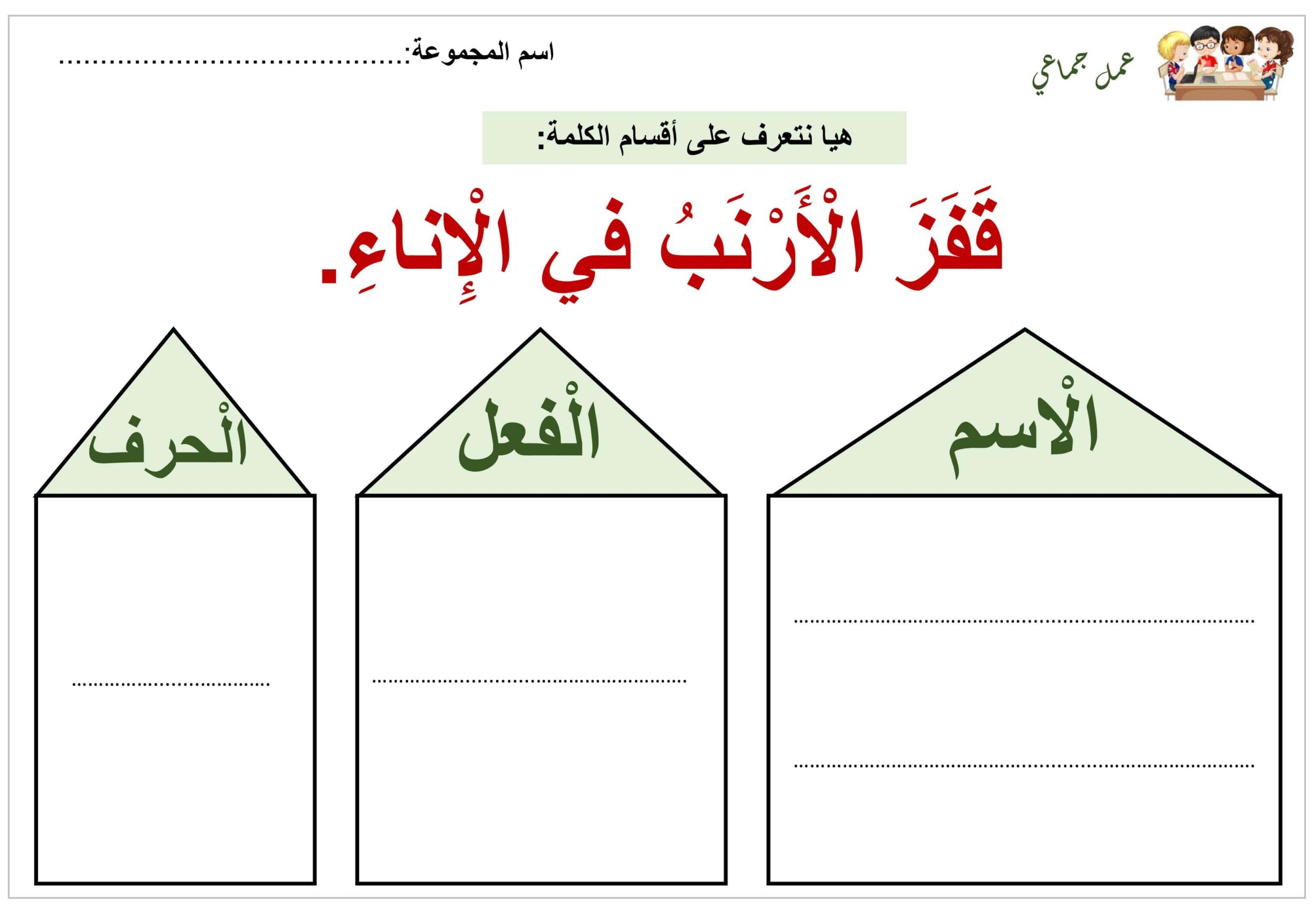 ورقة عمل أقسام الكلام اللغة العربية الصف الثاني