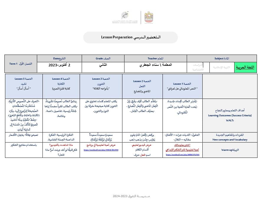 الخطة الأسبوعية الأسبوع الخامس اللغة العربية الصف الثاني