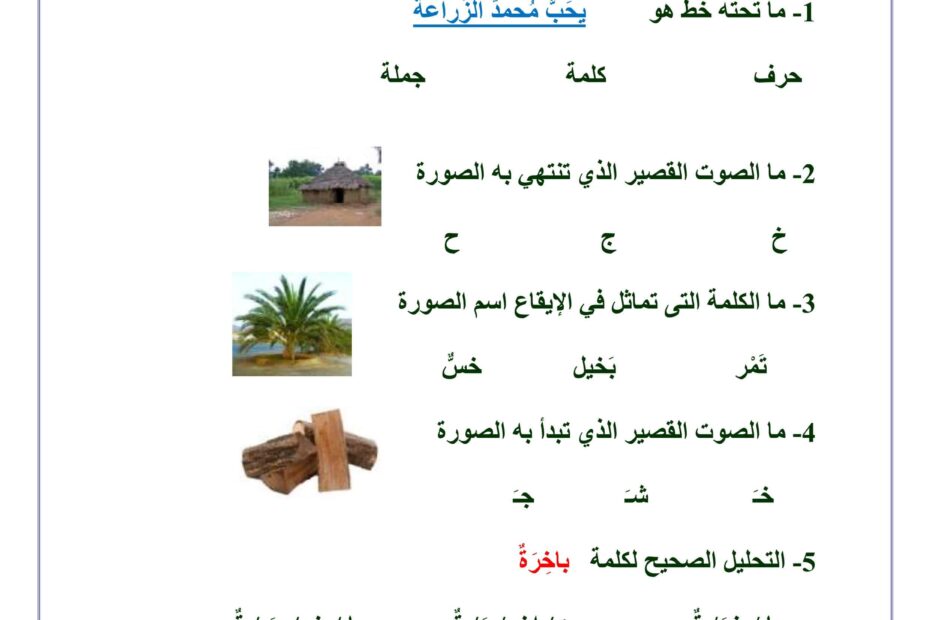 الاختبار التقويم الثاني اللغة العربية الصف الأول