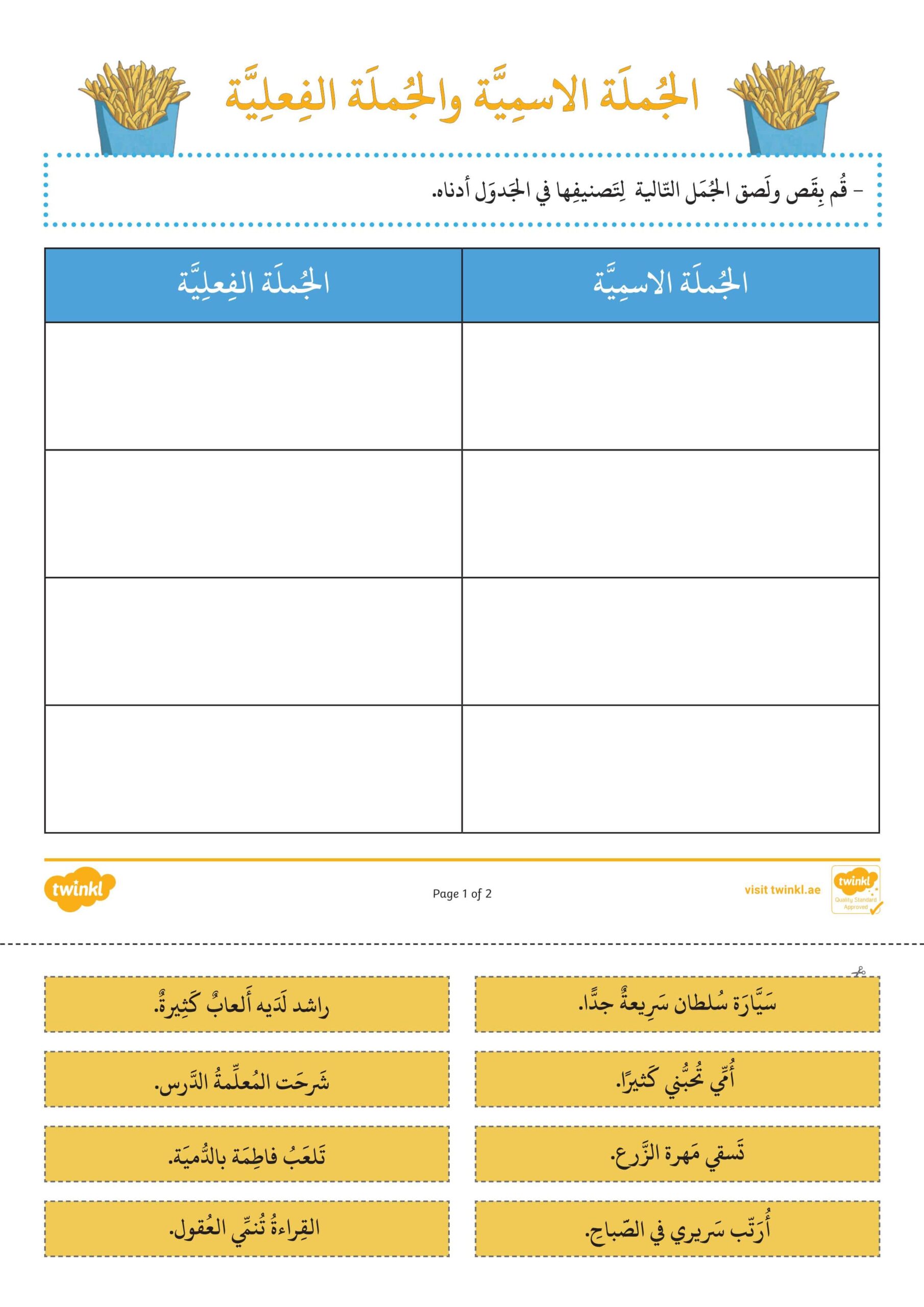 ورقة عمل الجملة الاسمية والجملة الفعلية اللغة العربية الصف الثالث 