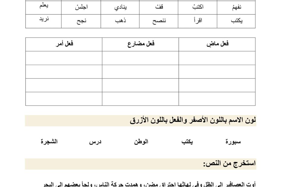 أوراق عمل الفعل والاسم اللغة العربية الصف الثالث