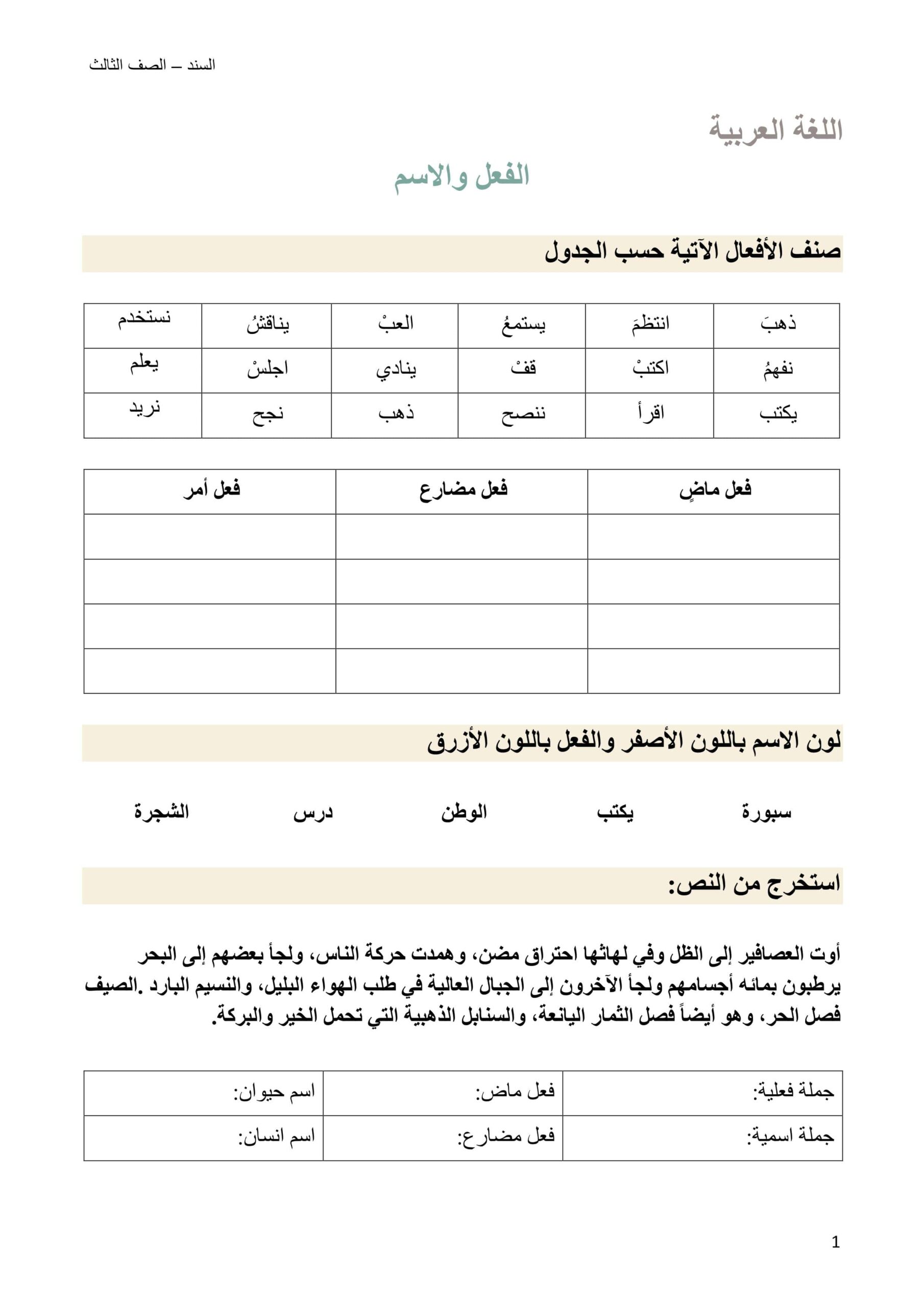 أوراق عمل الفعل والاسم اللغة العربية الصف الثالث