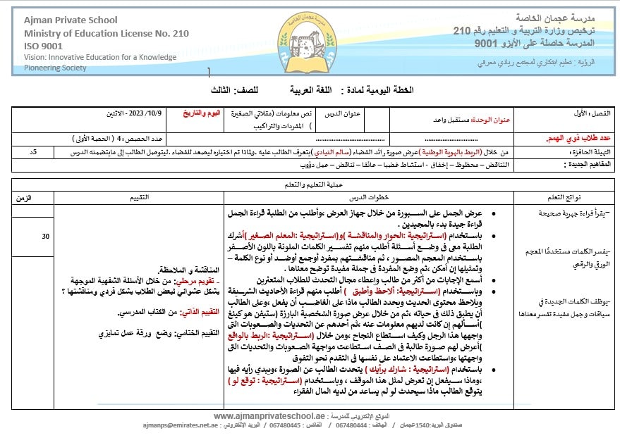 الخطة الدرسية اليومية مفردات وتراكيب درس مقلاتي الصغيرة اللغة العربية الصف الرابع