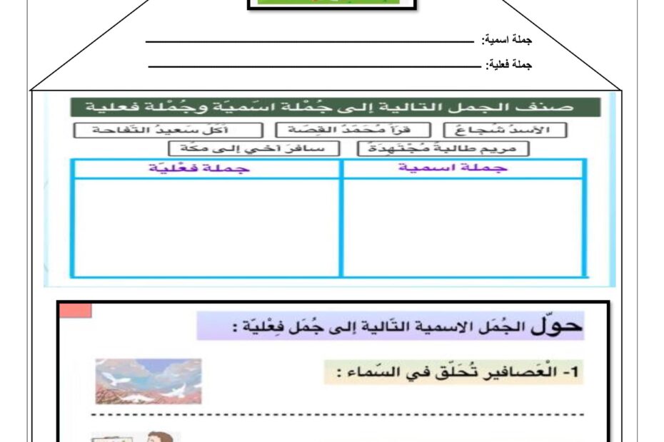 ورقة عمل الجملة الاسمية والجملة الفعلية اللغة العربية الصف الثالث