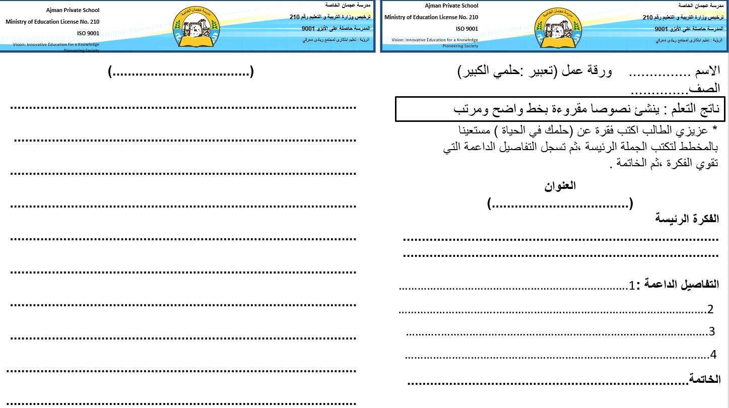 ورقة عمل تعبير حلمي الكبير اللغة العربية الصف الثالث - بوربوينت 