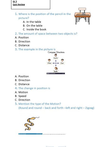 ورقة عمل Quiz Review Force and motion العلوم المتكاملة الصف الثالث