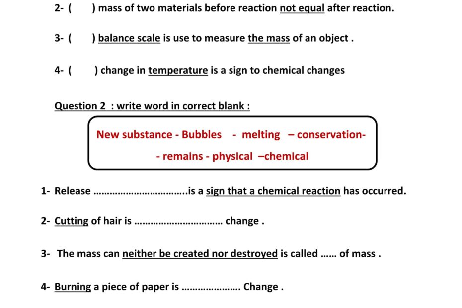 أوراق عمل Physical and chemical changes العلوم المتكاملة الصف الخامس