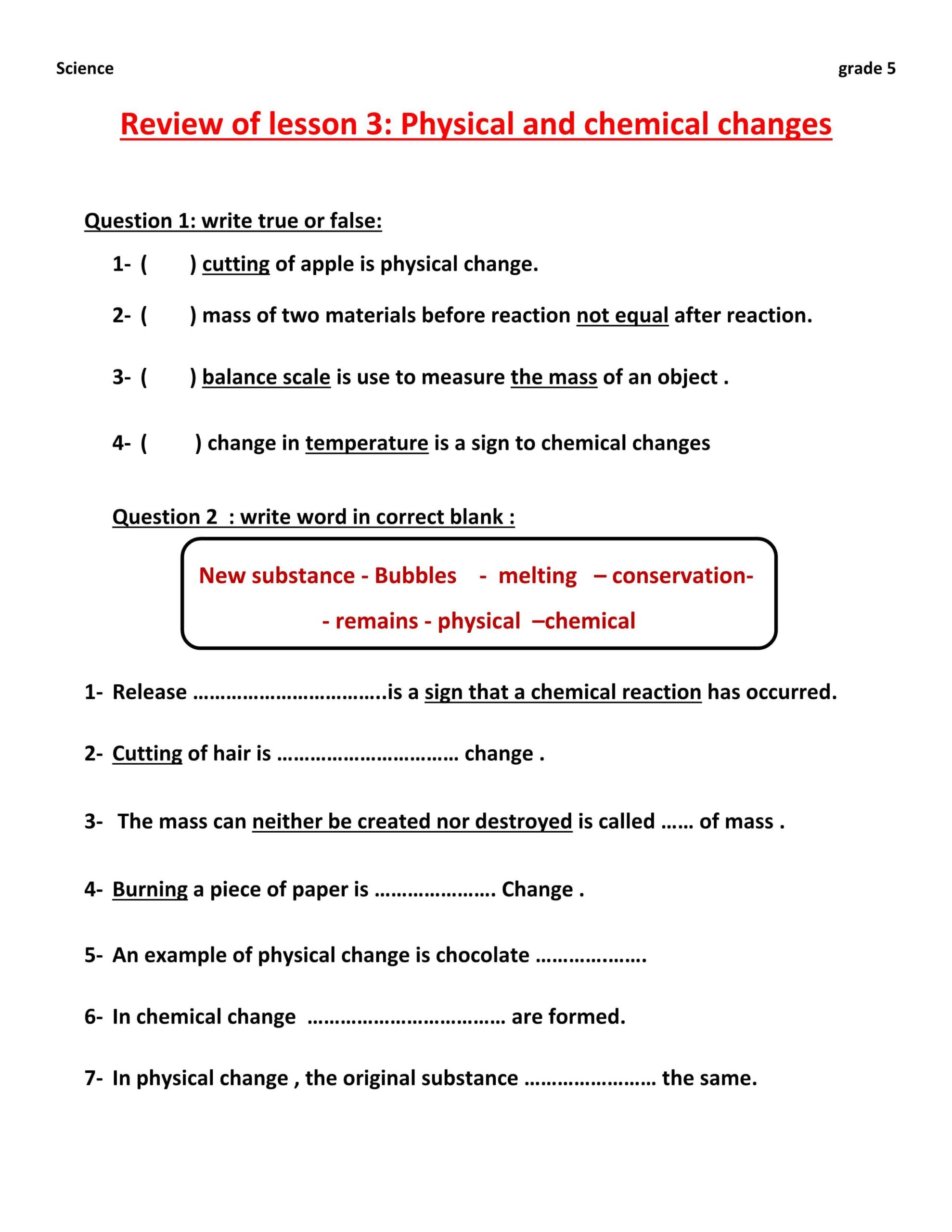 أوراق عمل Physical and chemical changes العلوم المتكاملة الصف الخامس