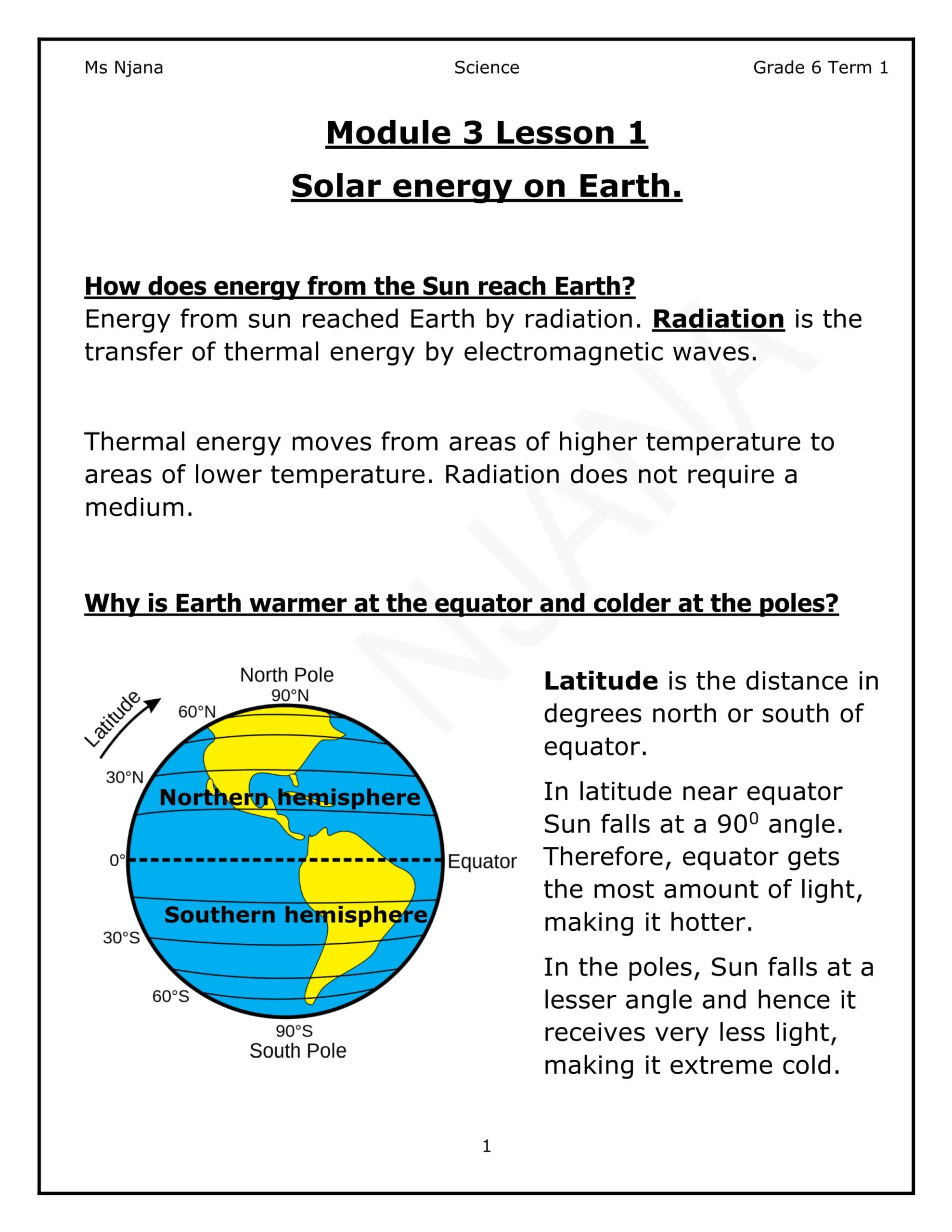 ملخص درس Solar energy on Earth العلوم المتكاملة الصف السادس