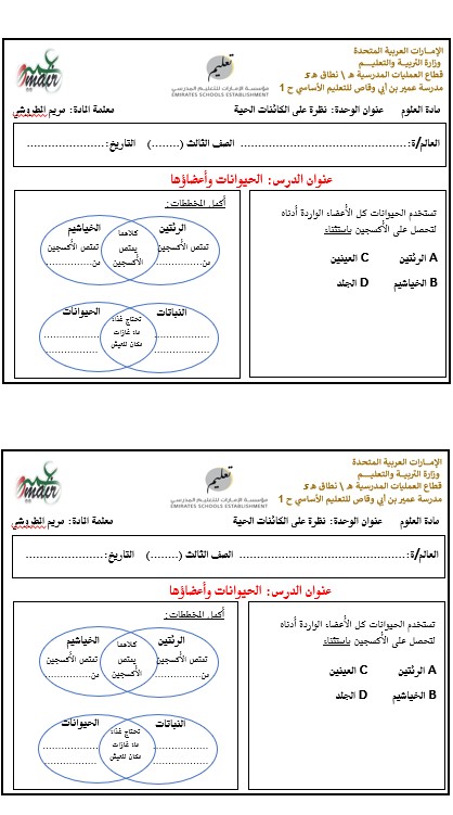 ورقة عمل الحيوانات وأعضاؤها العلوم المتكاملة الصف الثالث - بوربوينت 