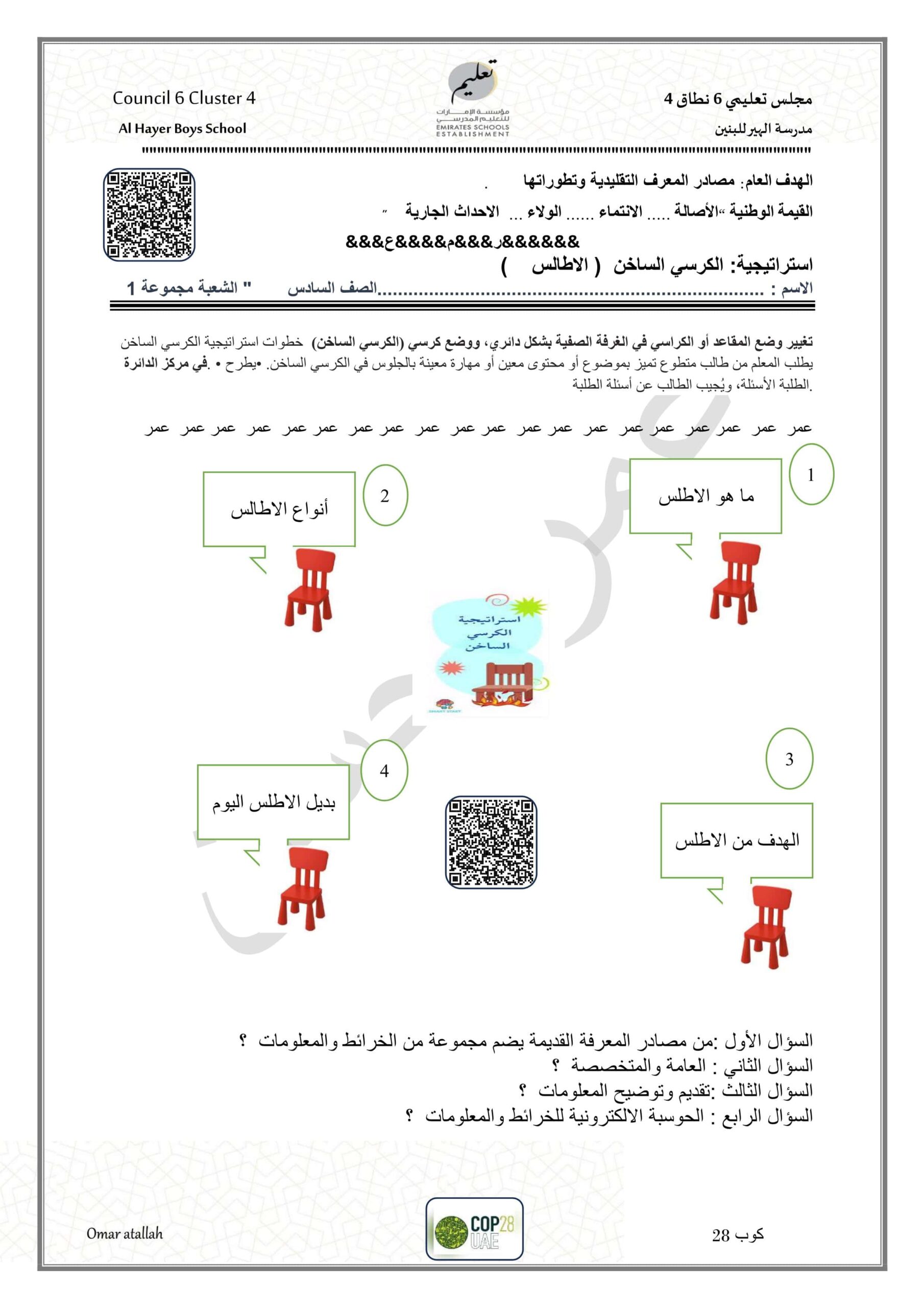 استراتيجية الكرسي الساخن الأطالس الدراسات الإجتماعية والتربية الوطنية الصف السادس