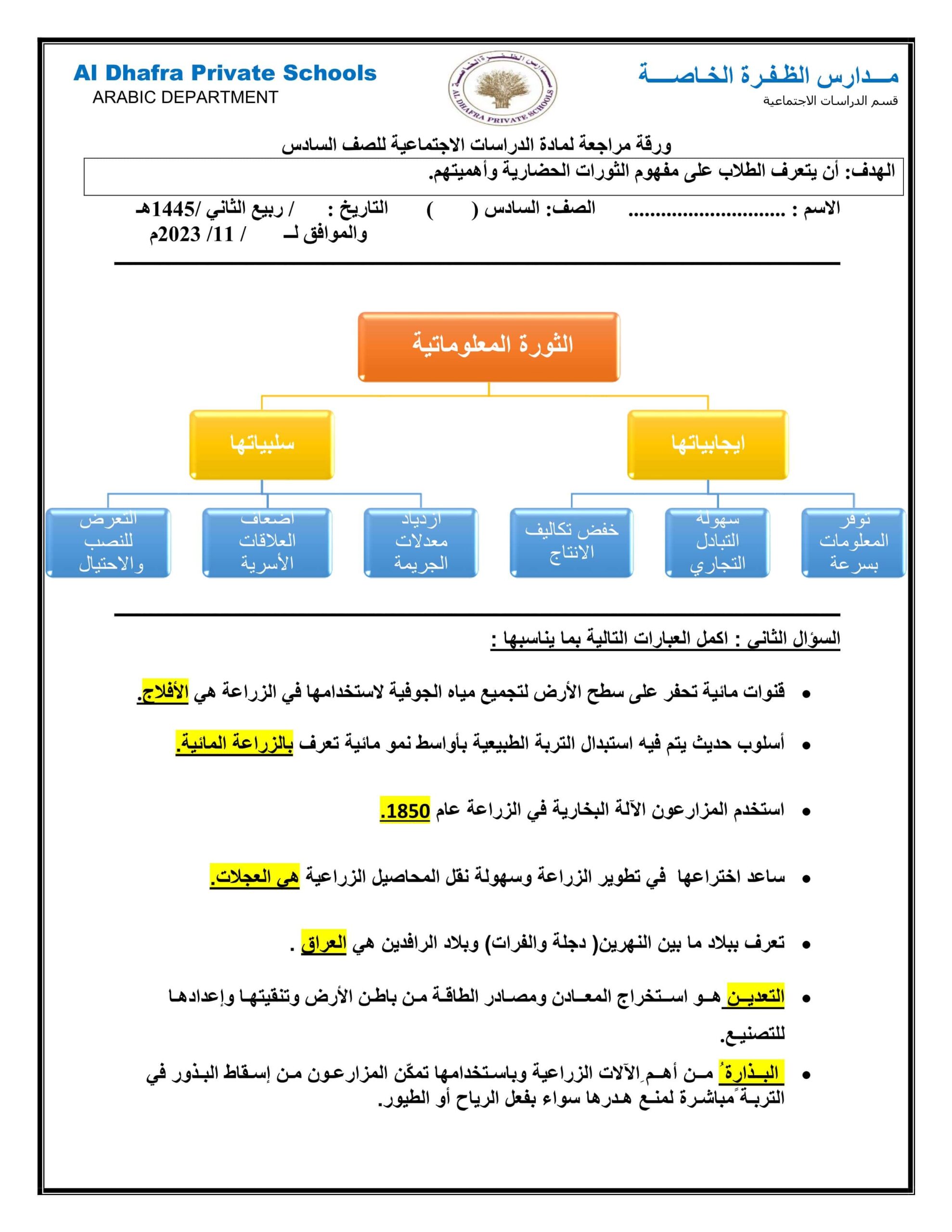 حل ورقة عمل ثورات حضارية الدراسات الإجتماعية والتربية الوطنية الصف السادس