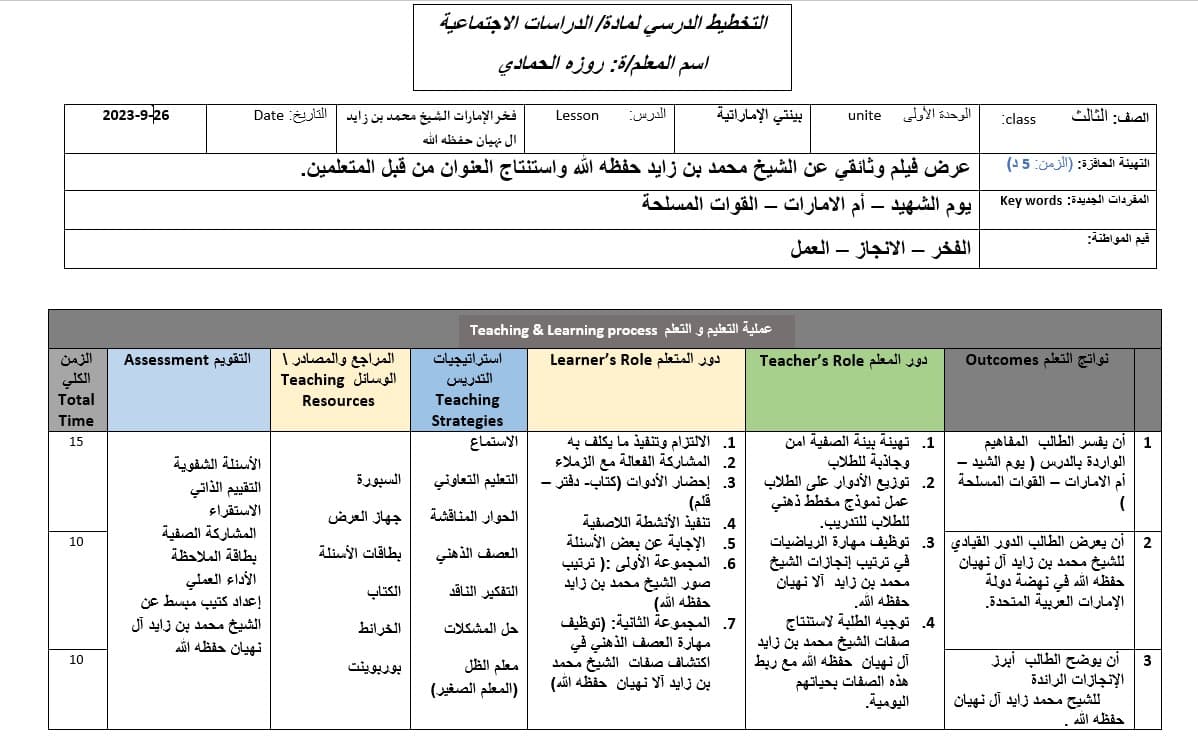 الخطة الدرسية اليومية فخر الإمارات الشيخ محمد بن زايد الدراسات الإجتماعية والتربية الوطنية الصف الثالث