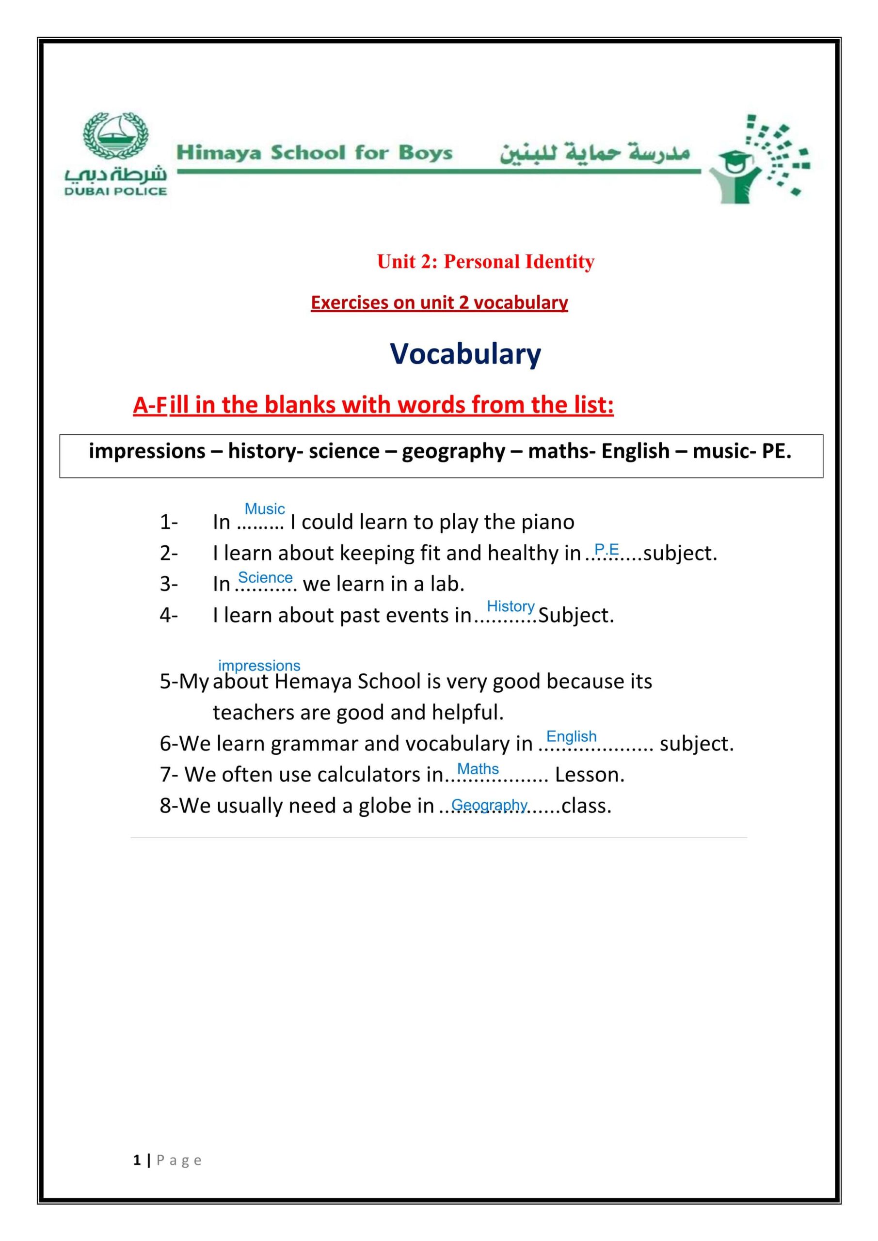 حل أوراق عمل Unit 2 Personal Identity اللغة الإنجليزية الصف السابع 