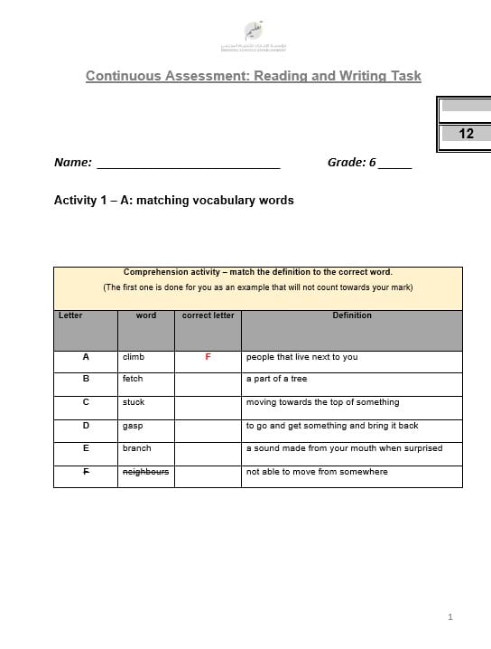 أوراق عمل Reading and Writing Task اللغة الإنجليزية الصف السادس 