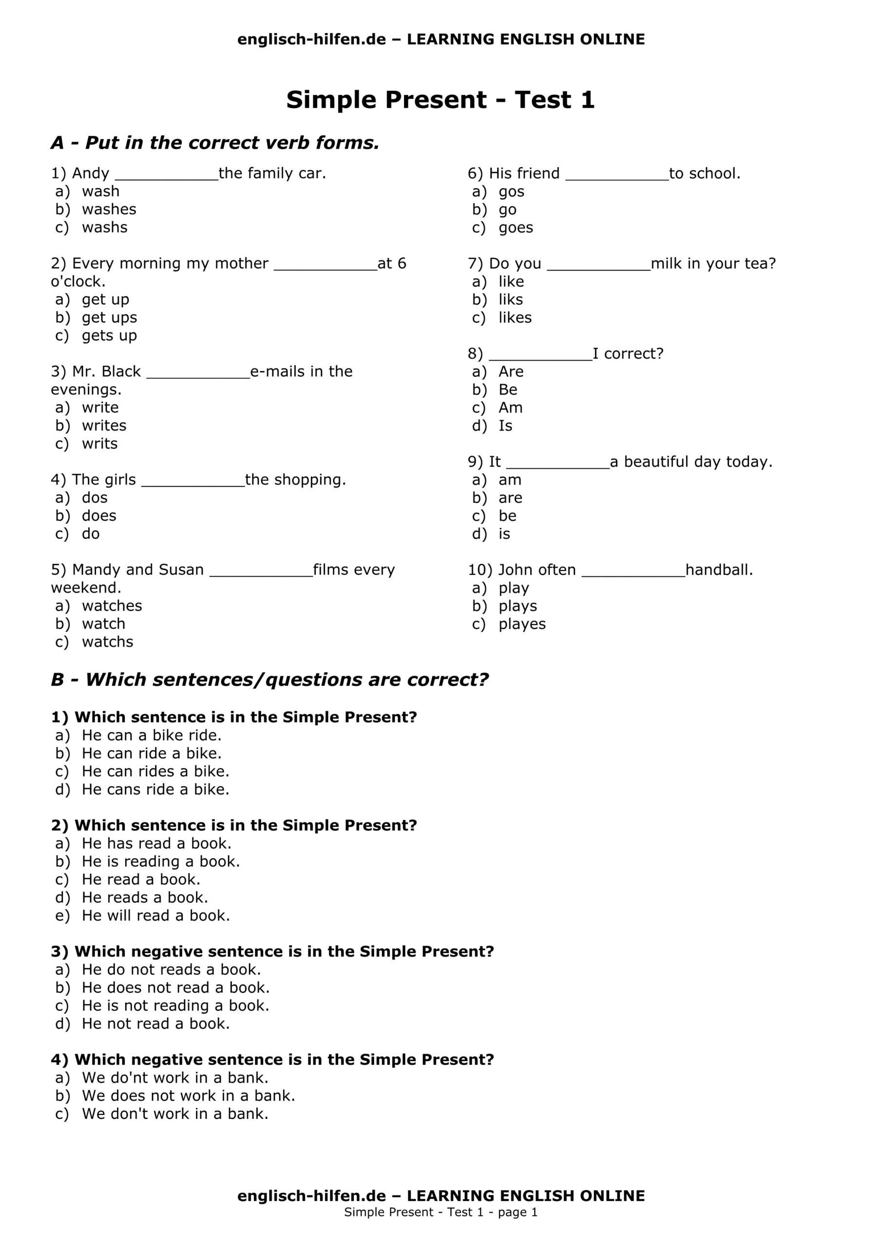 ورقة عمل Simple Present test 1 اللغة الإنجليزية الصف السادس