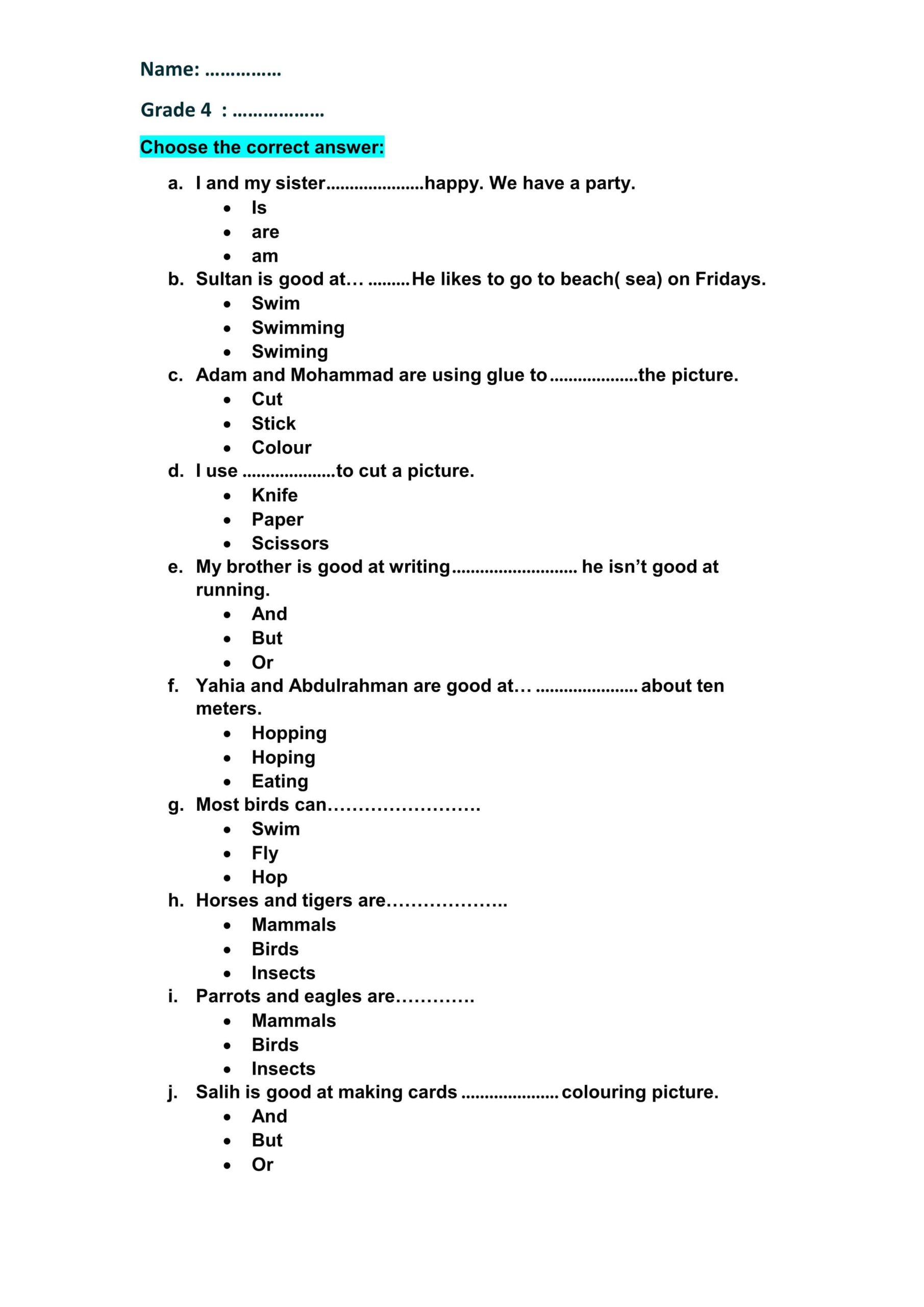 أوراق عمل متنوعة اللغة الإنجليزية الصف الرابع