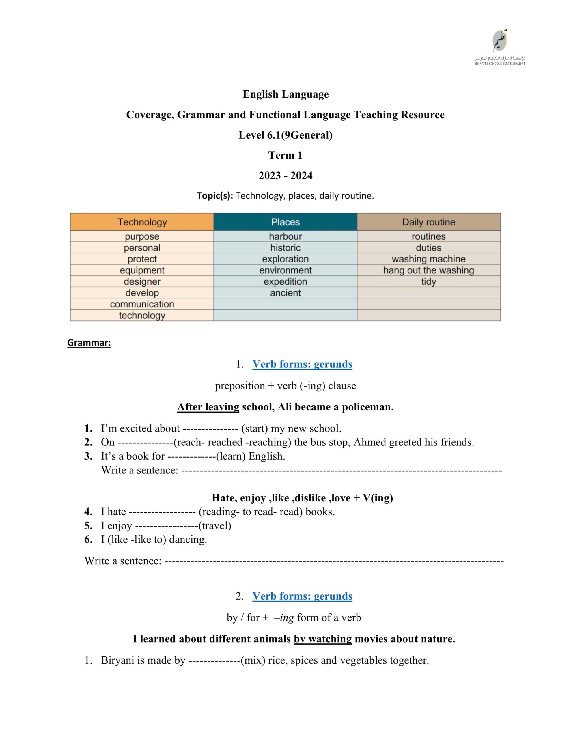 مراجعة Grammar and Functional Language Teaching Resource اللغة الإنجليزي الصف التاسع 