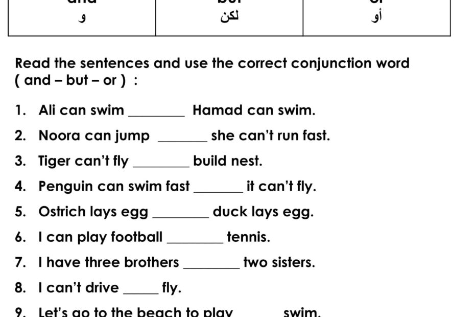 ورقة عمل Conjunction words للامتحان النهائي اللغة الإنجليزية الصف الثالث