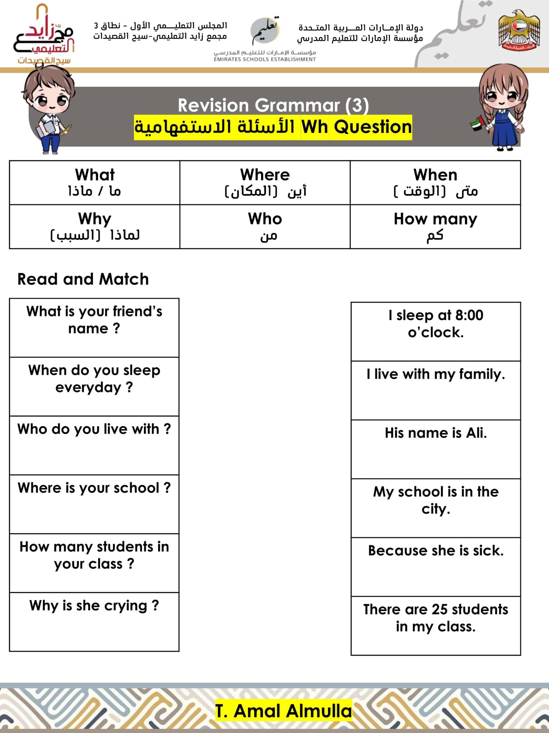 ورقة عمل Wh Question للامتحان النهائي اللغة الإنجليزية الصف الثالث