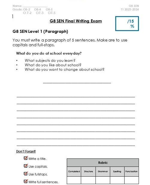 ورقة عمل Final Writing Exam اللغة الإنجليزية الصف الثامن
