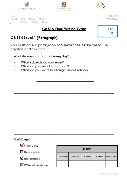 ورقة عمل Final Writing Exam اللغة الإنجليزية الصف الثامن 