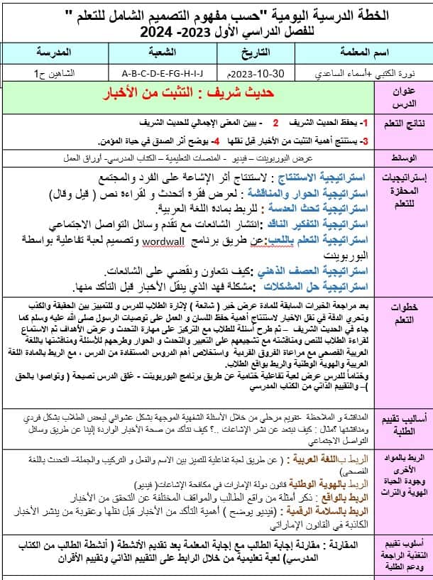 الخطة الدرسية اليومية التثبت من الأخبار التربية الإسلامية الصف الرابع - بوربوينت 