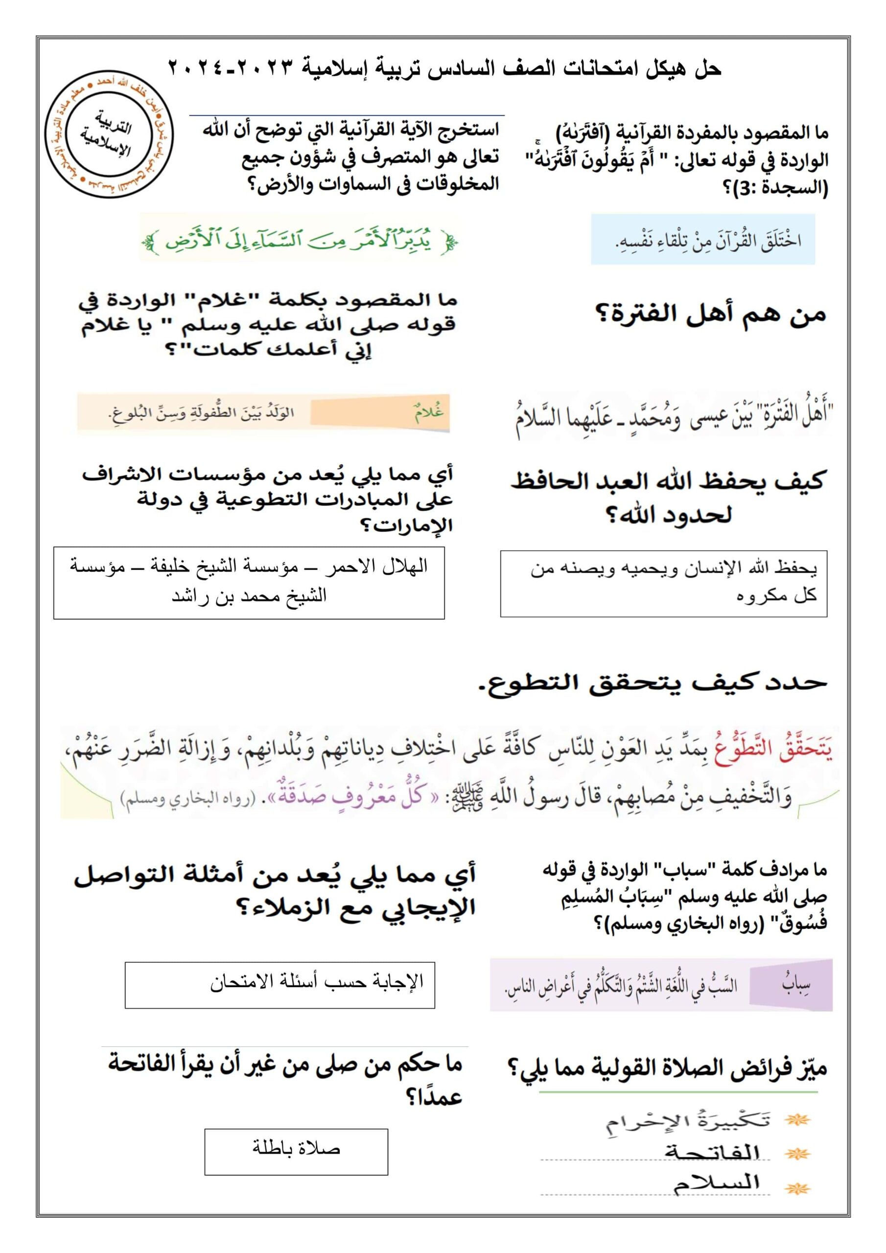 حل صفحات هيكل الامتحان التربية الإسلامية الصف السادس 
