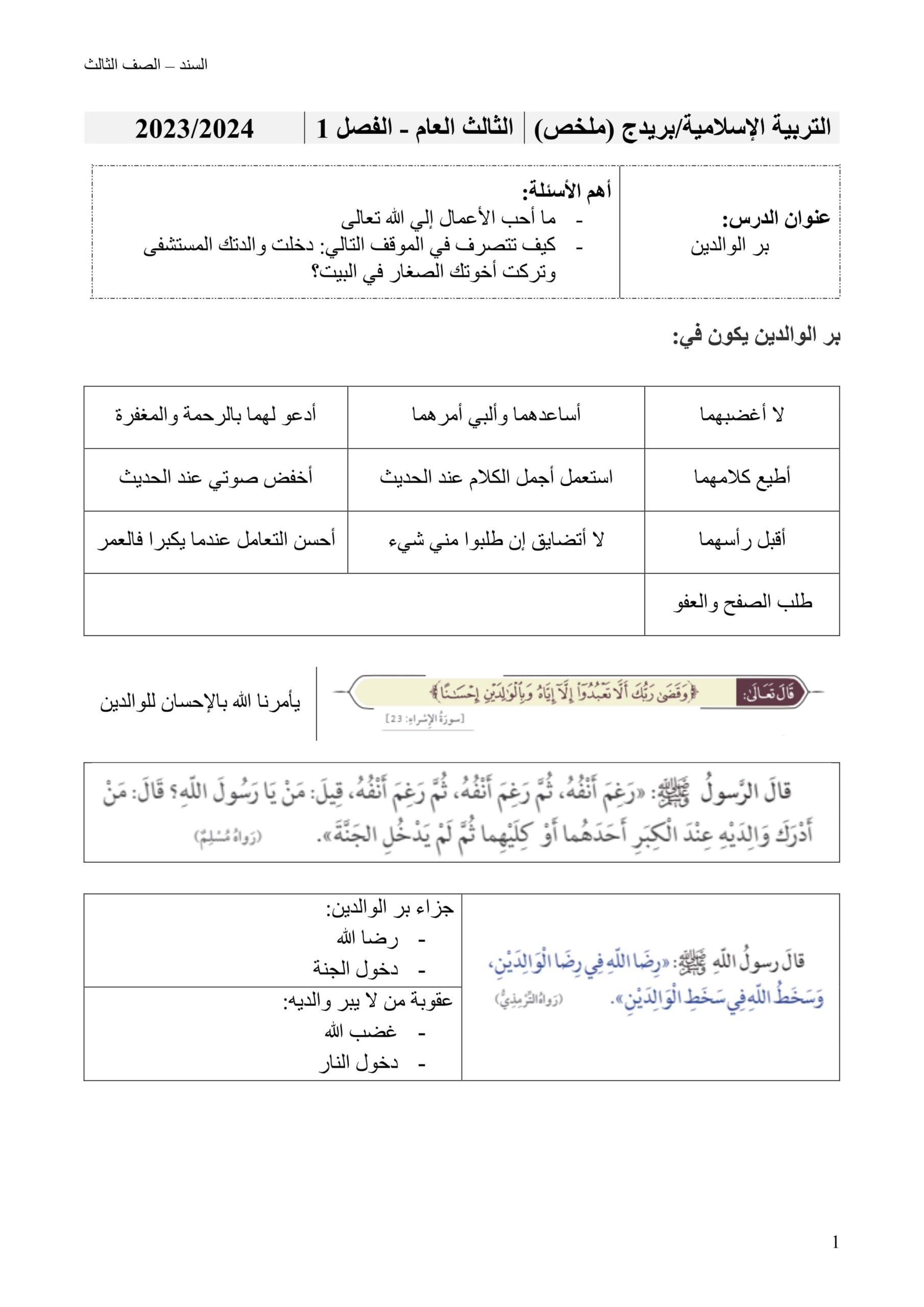 ملخص لهيكل الامتحان التربية الإسلامية الصف الثالث 