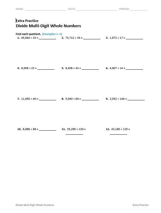 ورقة عمل Divide Multi-Digit Whole Numbers الرياضيات المتكاملة الصف السادس