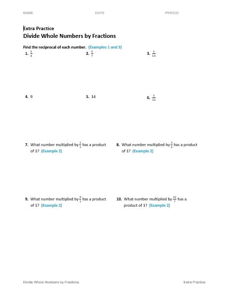 ورقة عمل Divide Whole Numbers by Fractions الرياضيات المتكاملة الصف السادس