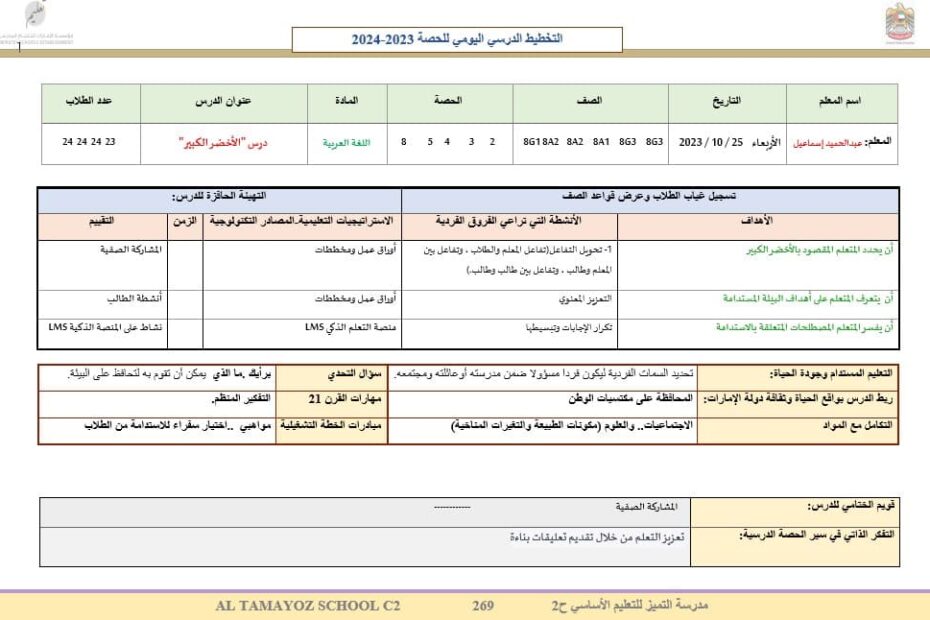 الخطة الدرسية اليومية الدرس الأول الأخضر الكبير اللغة العربية الصف الخامس إلى الصف الثامن