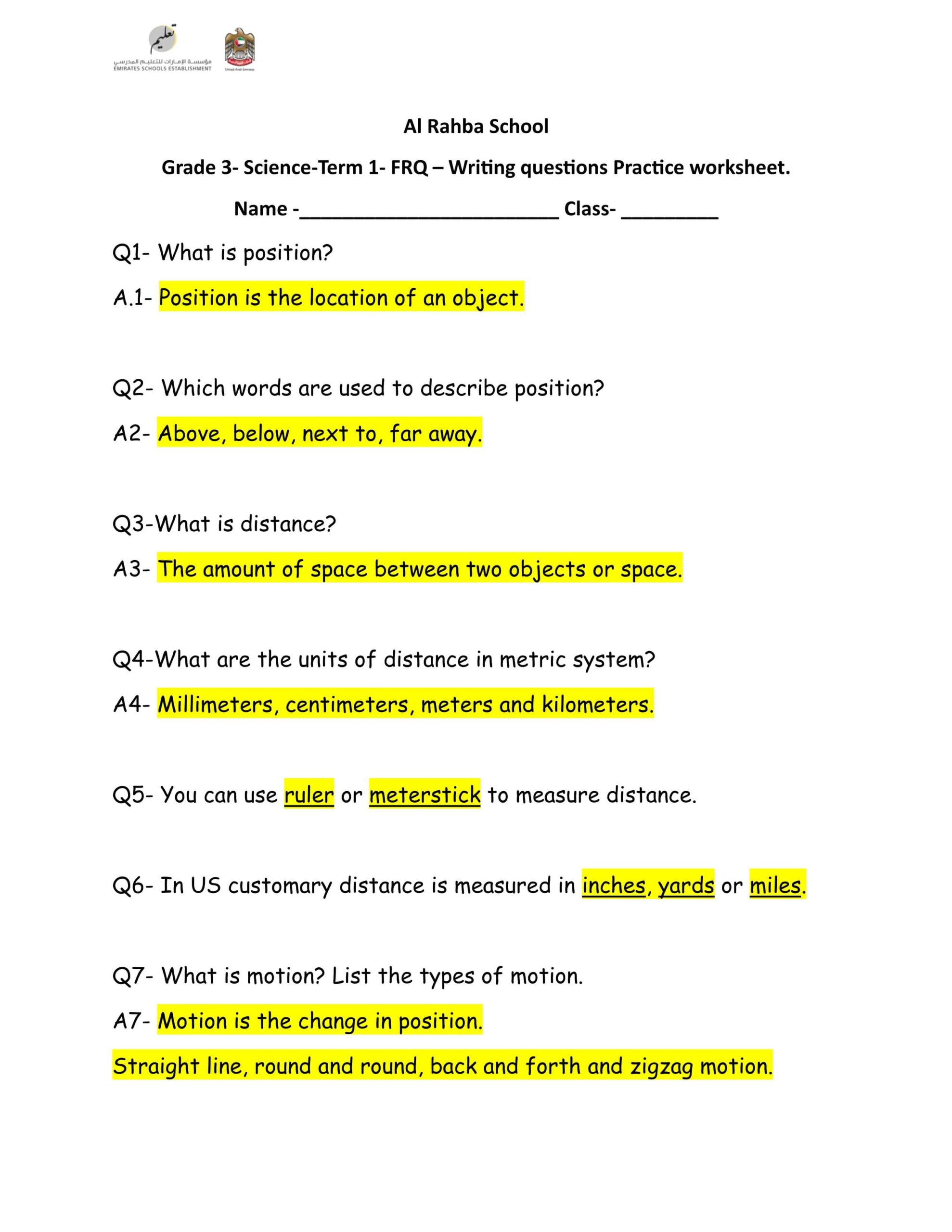 حل ورقة عمل Writing questions Practice worksheet العلوم المتكاملة الصف الثالث