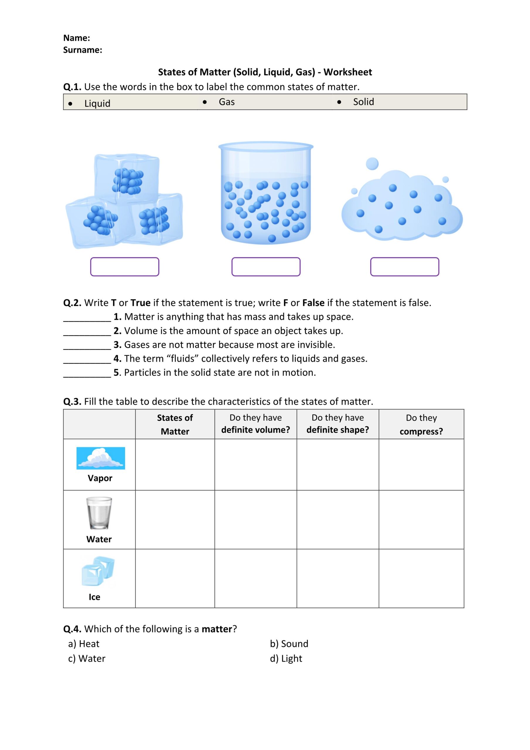 أوراق عمل States of Matter Solid-Liquid-Gas العلوم المتكاملة الصف الخامس