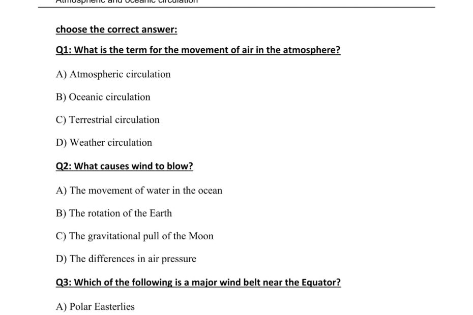 أوراق عمل Atmospheric and oceanic circulation العلوم المتكاملة الصف السادس