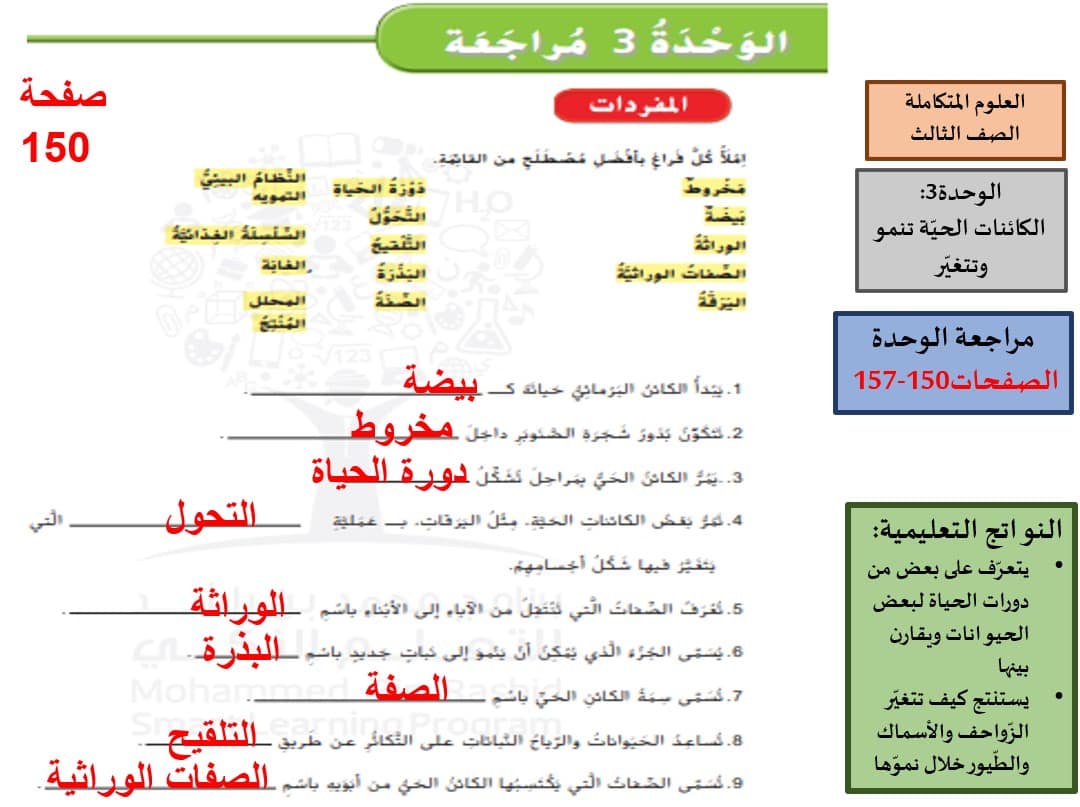 حل مراجعة الوحدة الثالثة العلوم المتكاملة الصف الثالث - بوربوينت 